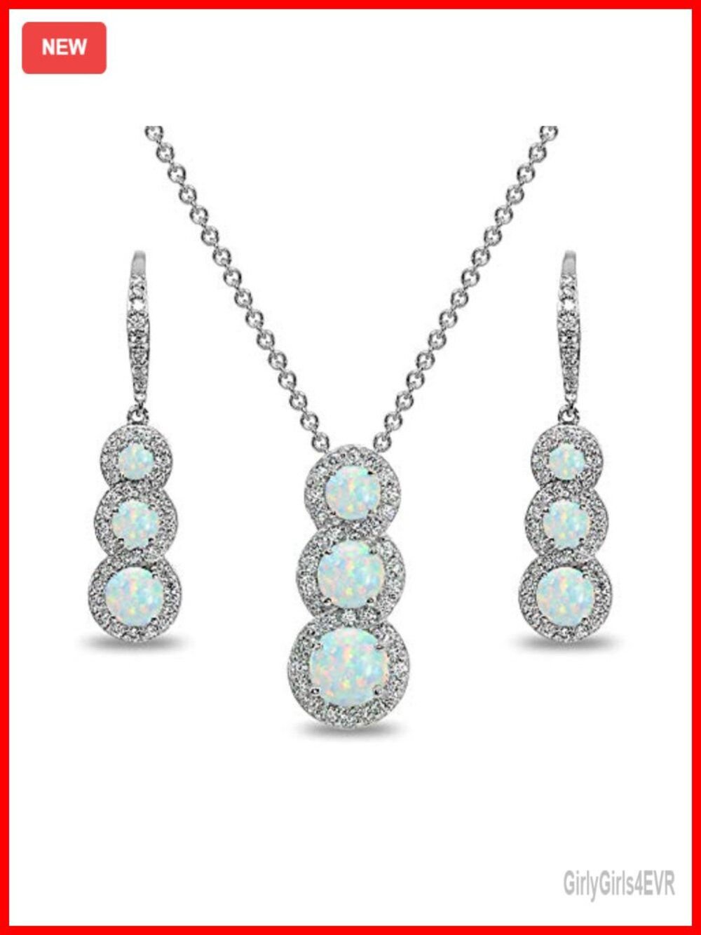 Sterling Silver Synthetic Opal 3-Stone Halo Necklace Earrings Set